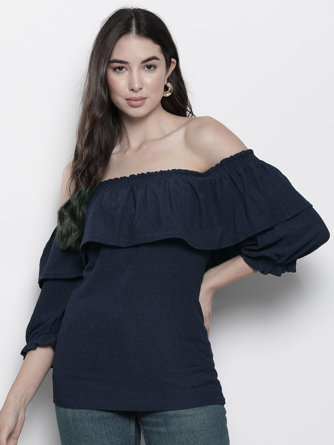 

DOROTHY PERKINS Textured Off-Shoulder Puff Sleeve Frill Bardot Top, Navy blue