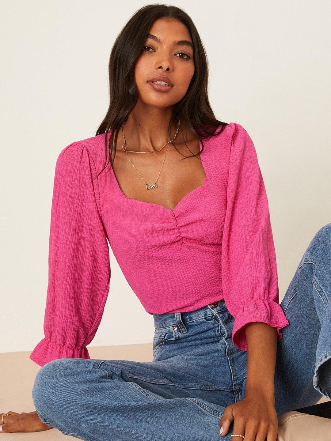 

DOROTHY PERKINS Crinkled Sweetheart Neck Bell Sleeve Top, Pink