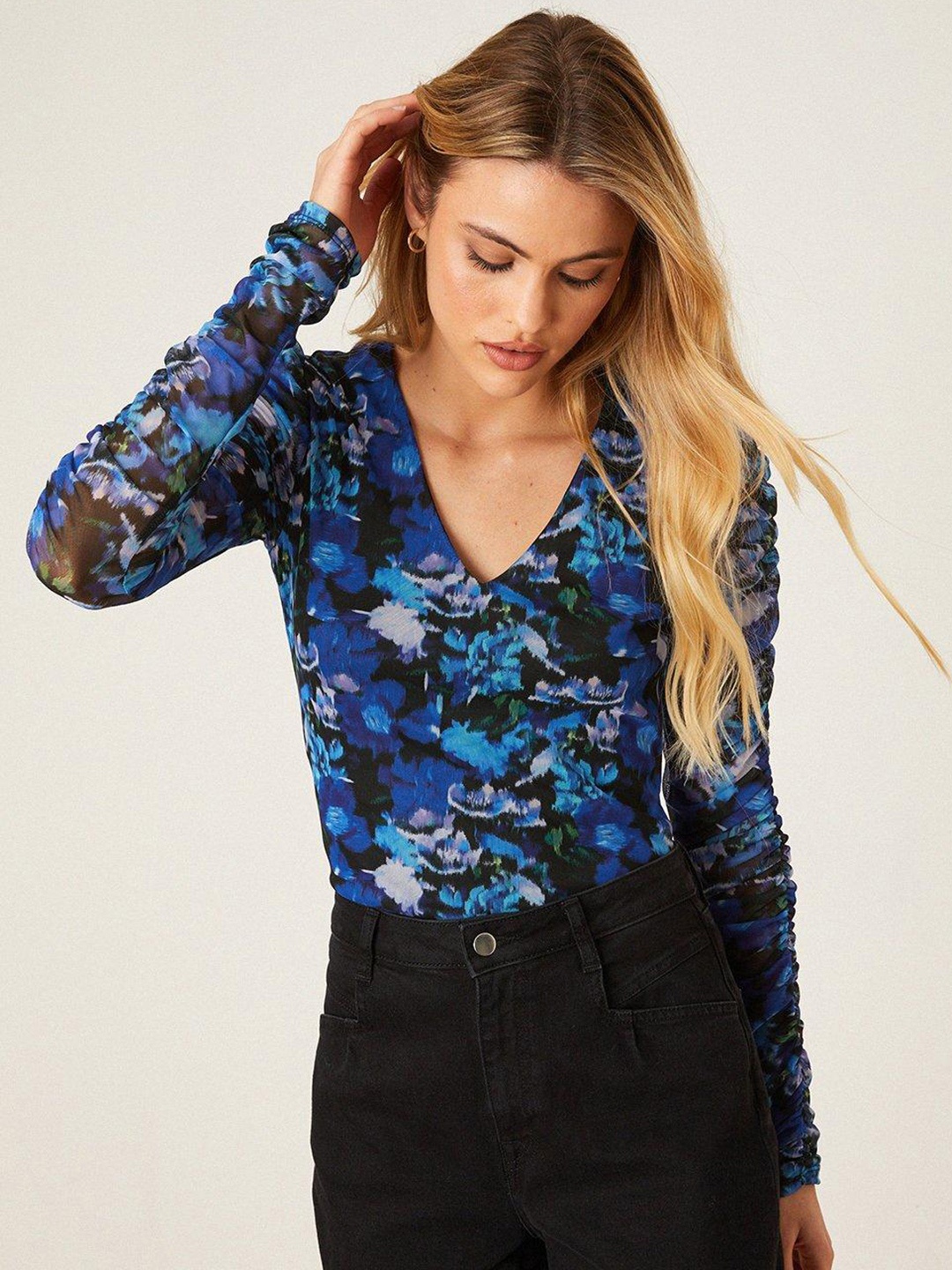

DOROTHY PERKINS V-Neck Floral Print Puff Sleeve Mesh Top, Blue