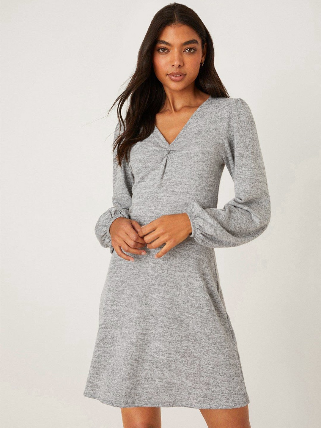 

DOROTHY PERKINS Twist Front Puff Sleeves A-Line Mini Dress, Grey melange