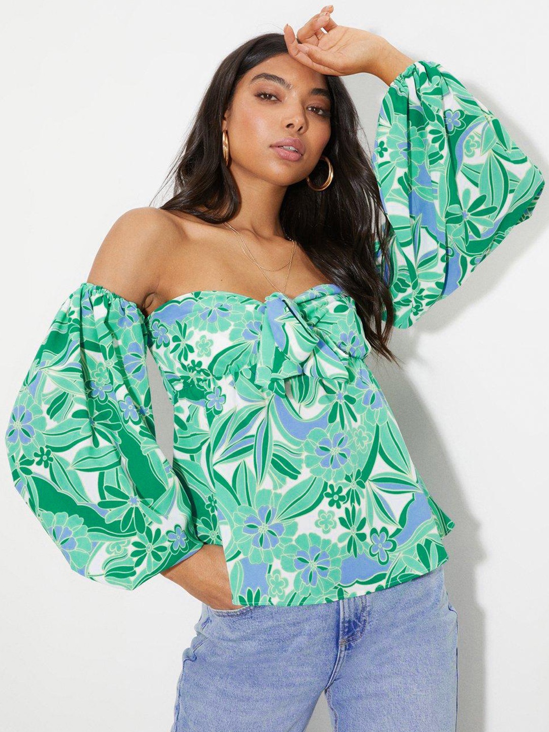 

DOROTHY PERKINS Satin Finish Floral Print Off-Shoulder Puff Sleeve Bardot Top, Green