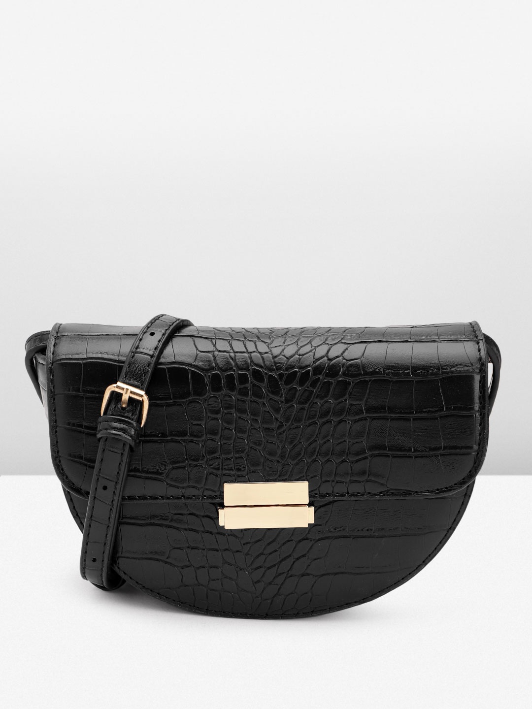 

DOROTHY PERKINS Women Croc Textured Half Moon Sling Bag, Black