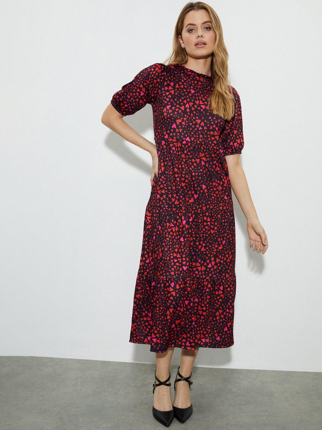 

DOROTHY PERKINS Heart Print Puff Sleeves Tiered A-Line Midi Dress, Charcoal