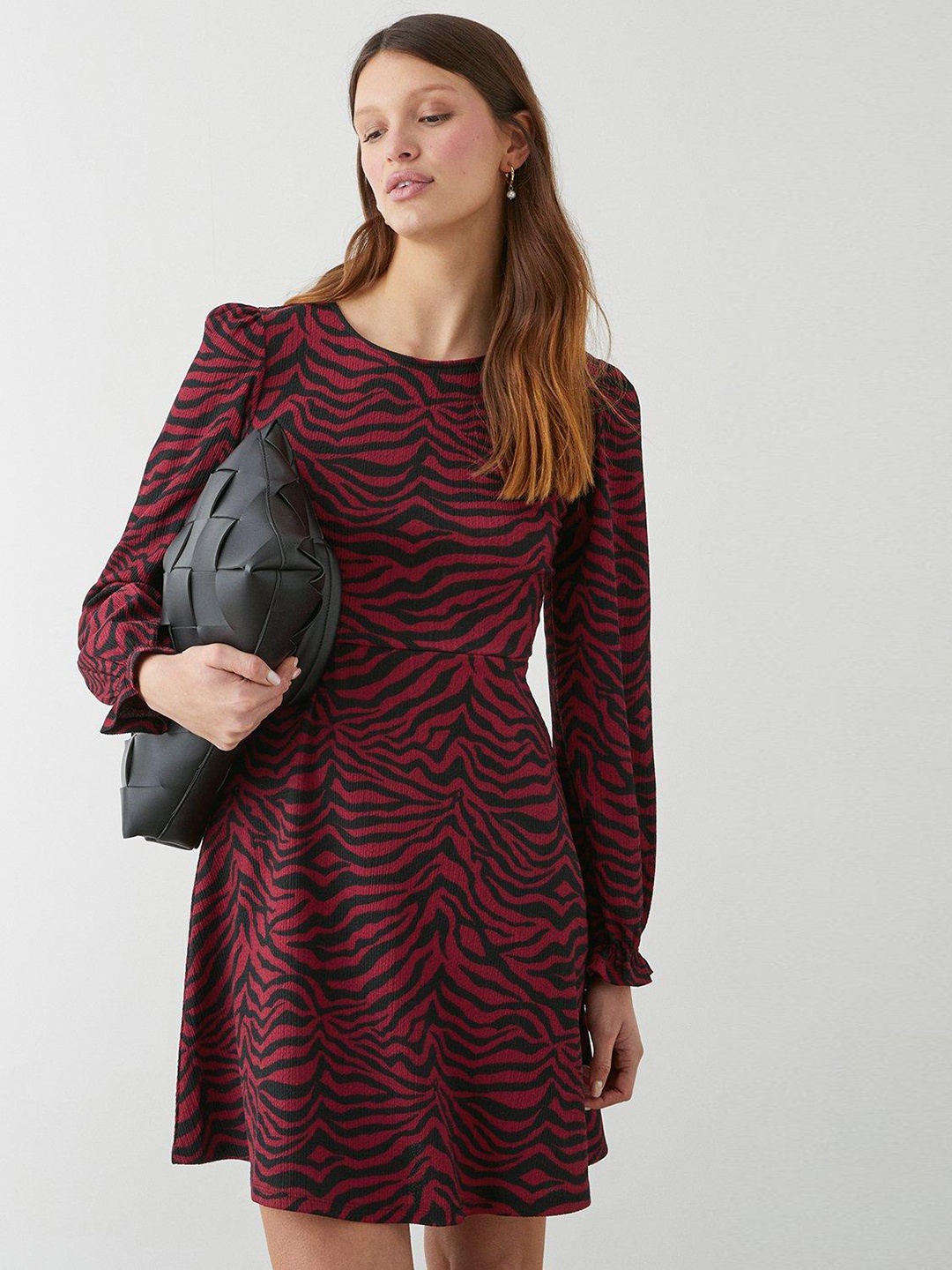 

DOROTHY PERKINS Animal Print Puff Sleeve A-Line Dress, Maroon