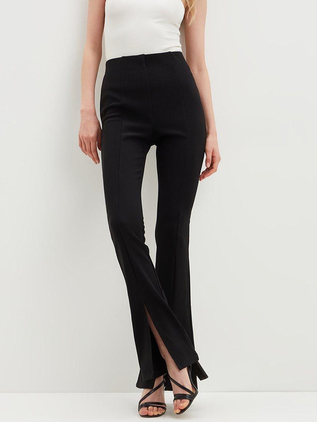 

DOROTHY PERKINS Women Ribbed Slit Hem Flared Trousers, Black