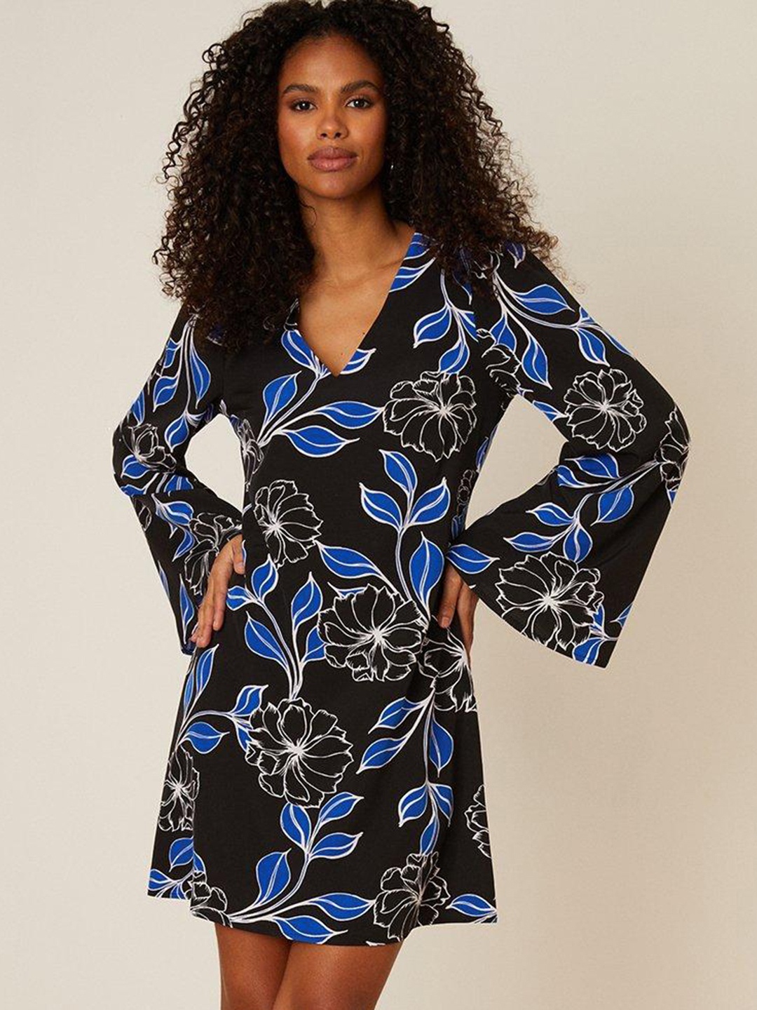 

DOROTHY PERKINS Floral Print Flared Sleeves A-Line Mini Dress, Navy blue