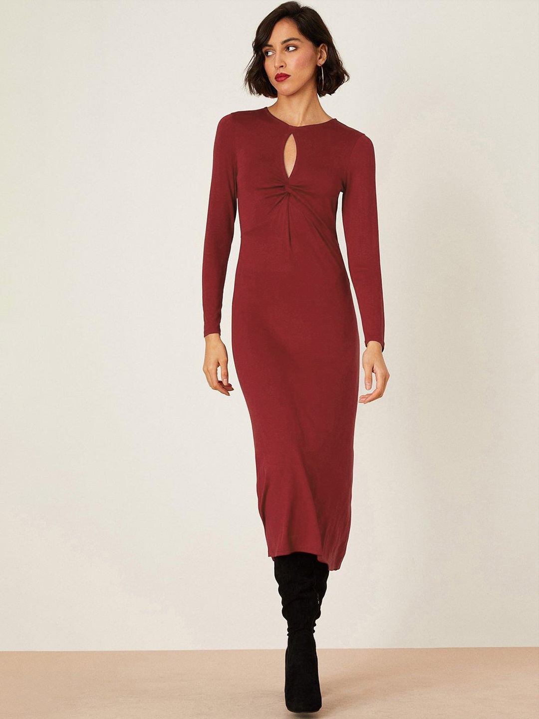 

DOROTHY PERKINS Keyhole Twisted Front A-Line Midi Dress, Maroon