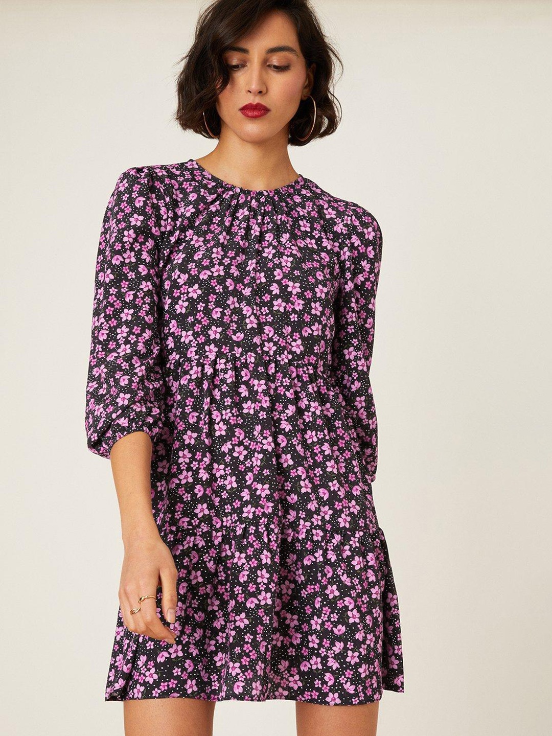 

DOROTHY PERKINS Floral Print Puff Sleeve A-Line Dress, Black