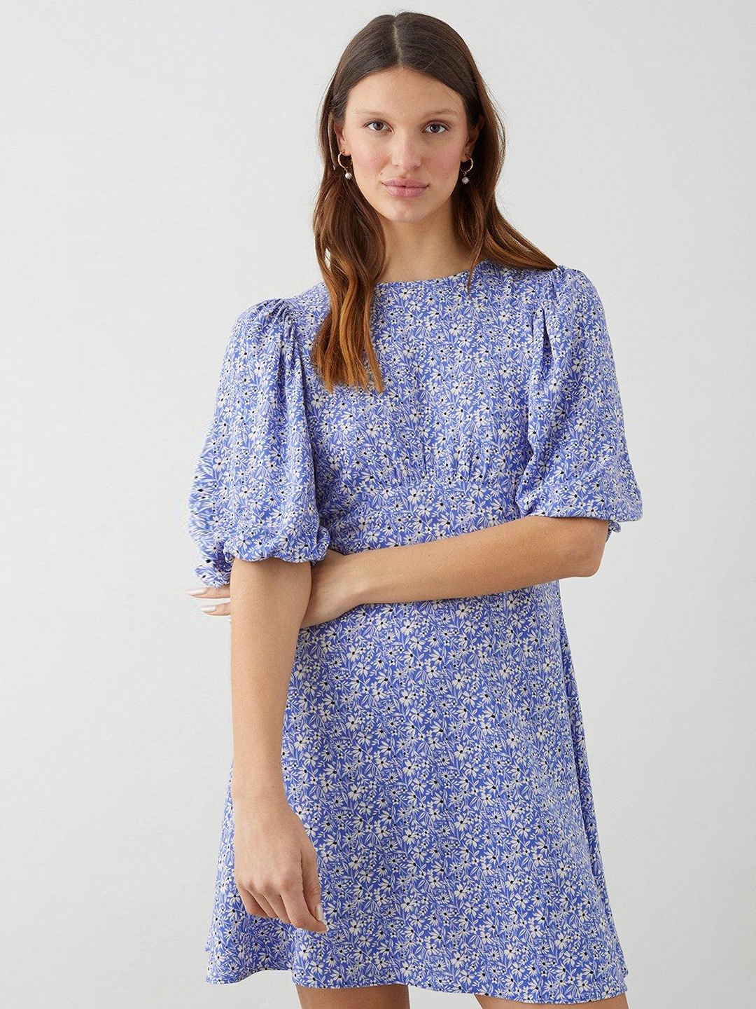 

DOROTHY PERKINS Floral Print Puff Sleeves Empire Dress, Blue