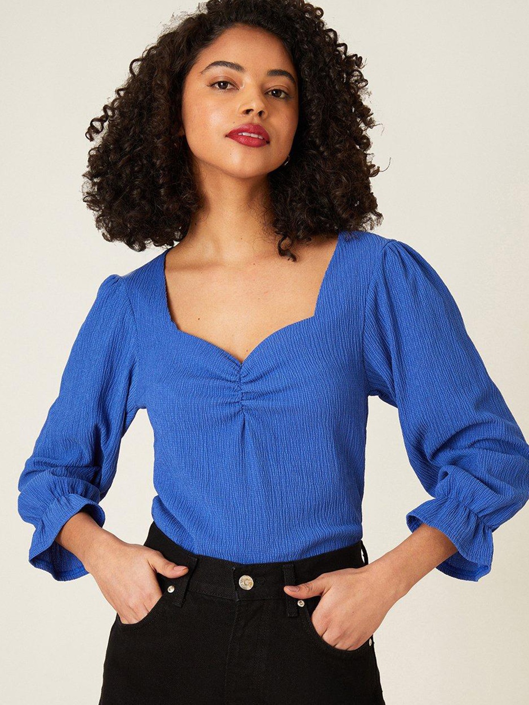 

DOROTHY PERKINS Sweetheart Neck Puff Sleeves Textured Top, Blue