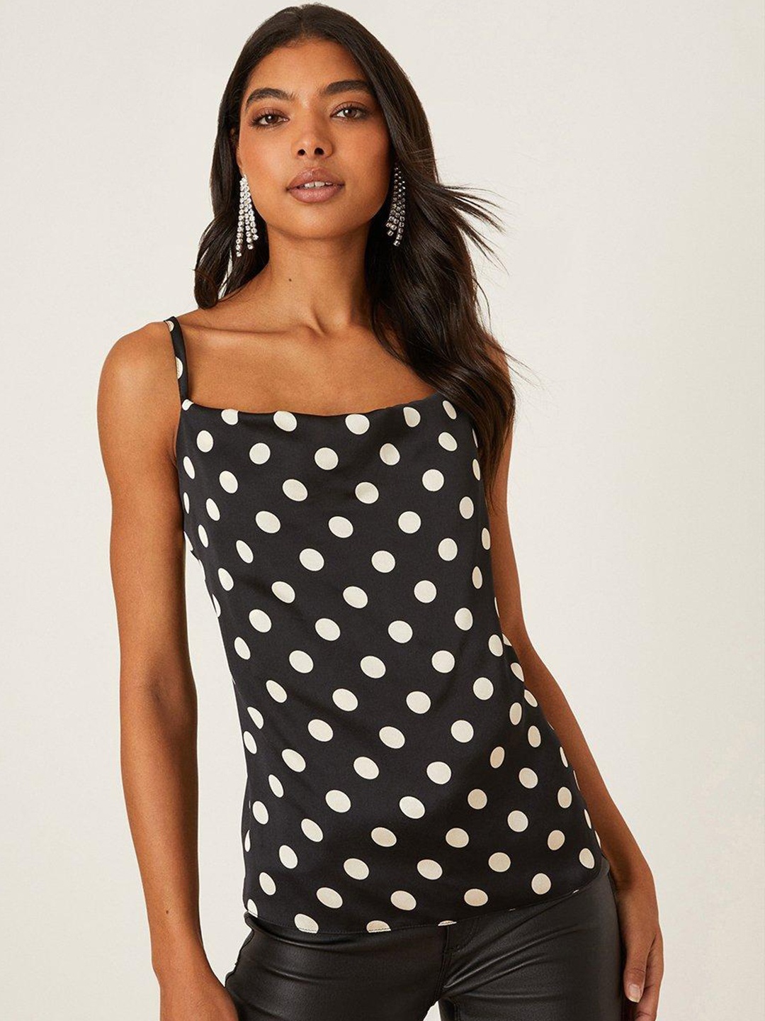 

DOROTHY PERKINS Satin Finish Polka Dot Print Monochrome Top, Black