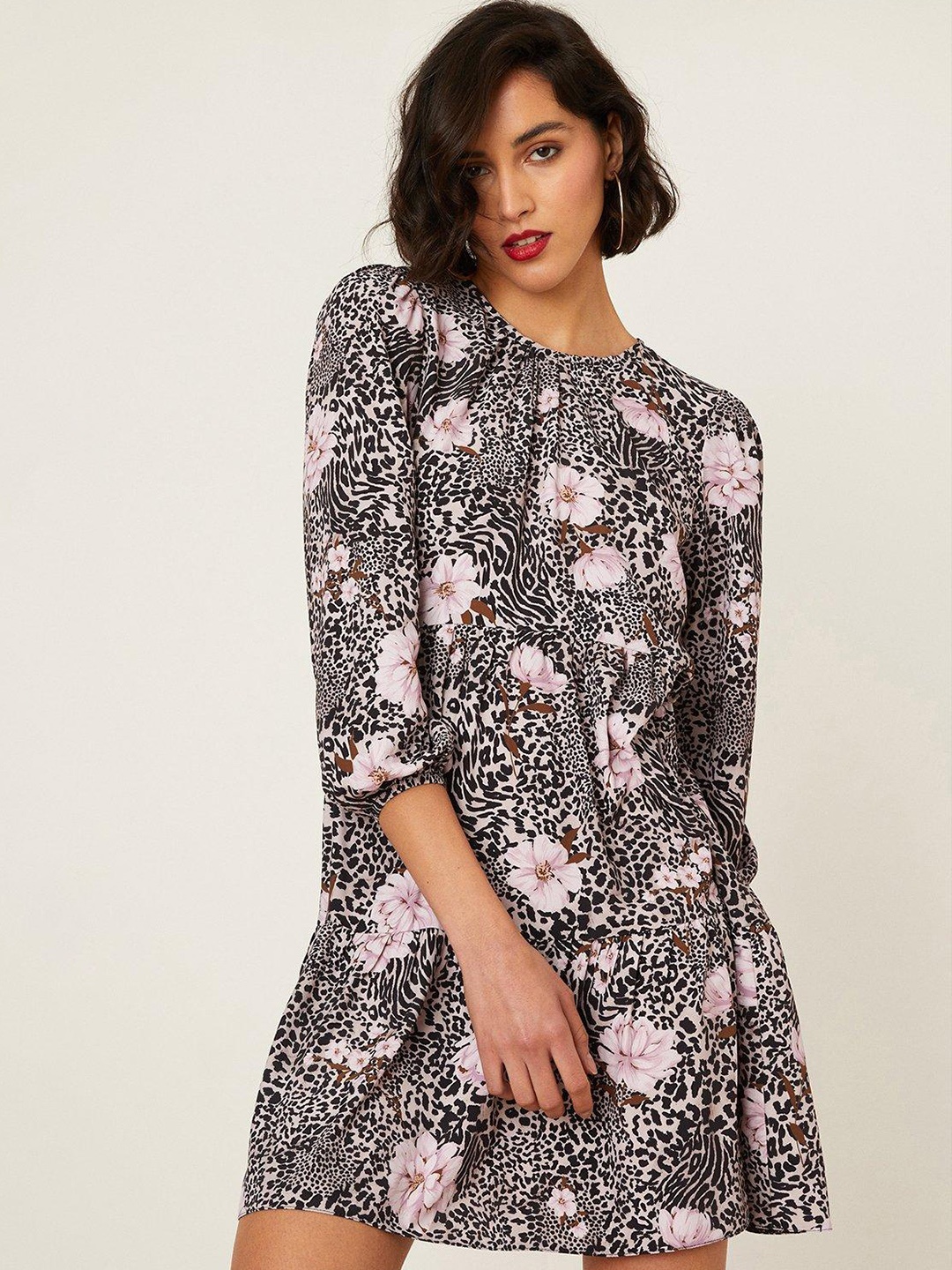 

DOROTHY PERKINS Floral & Animal Print Puff Sleeves A-Line Mini Dress, Black