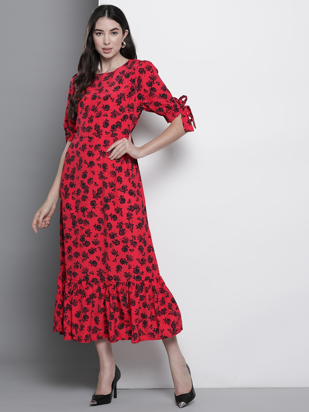 

DOROTHY PERKINS Floral Print Puff Sleeve A-Line Midi Dress, Red