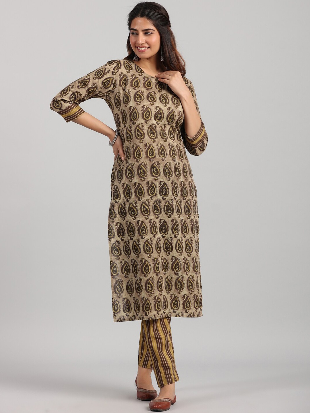 

PARCHHAI Paisley Printed Pure Cotton Kurta With Trousers, Brown