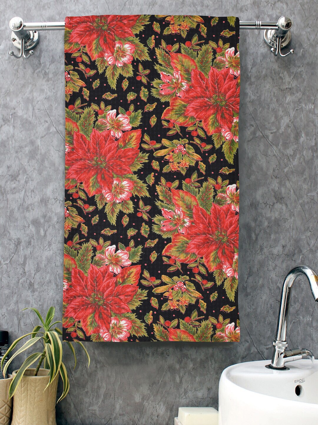 

Gulaab Jaipur Black & Red Floral Printed 150 GSM Cotton Bath Towel