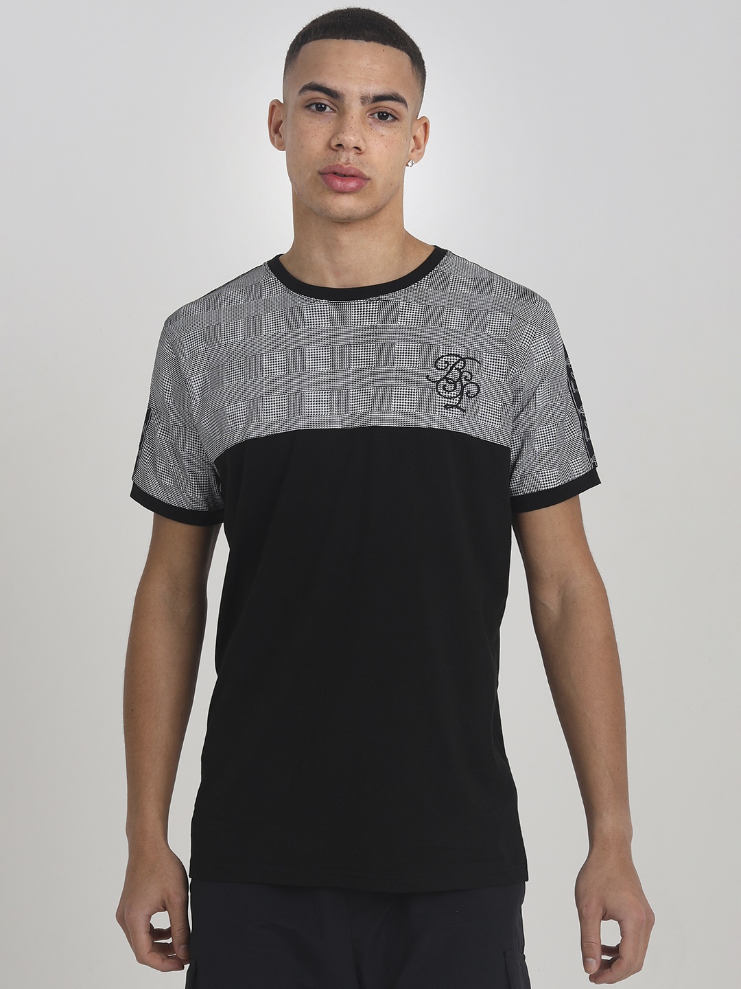 

BRAVE SOUL Pure Cotton Houndstooth Colourblocked T-shirt, Black