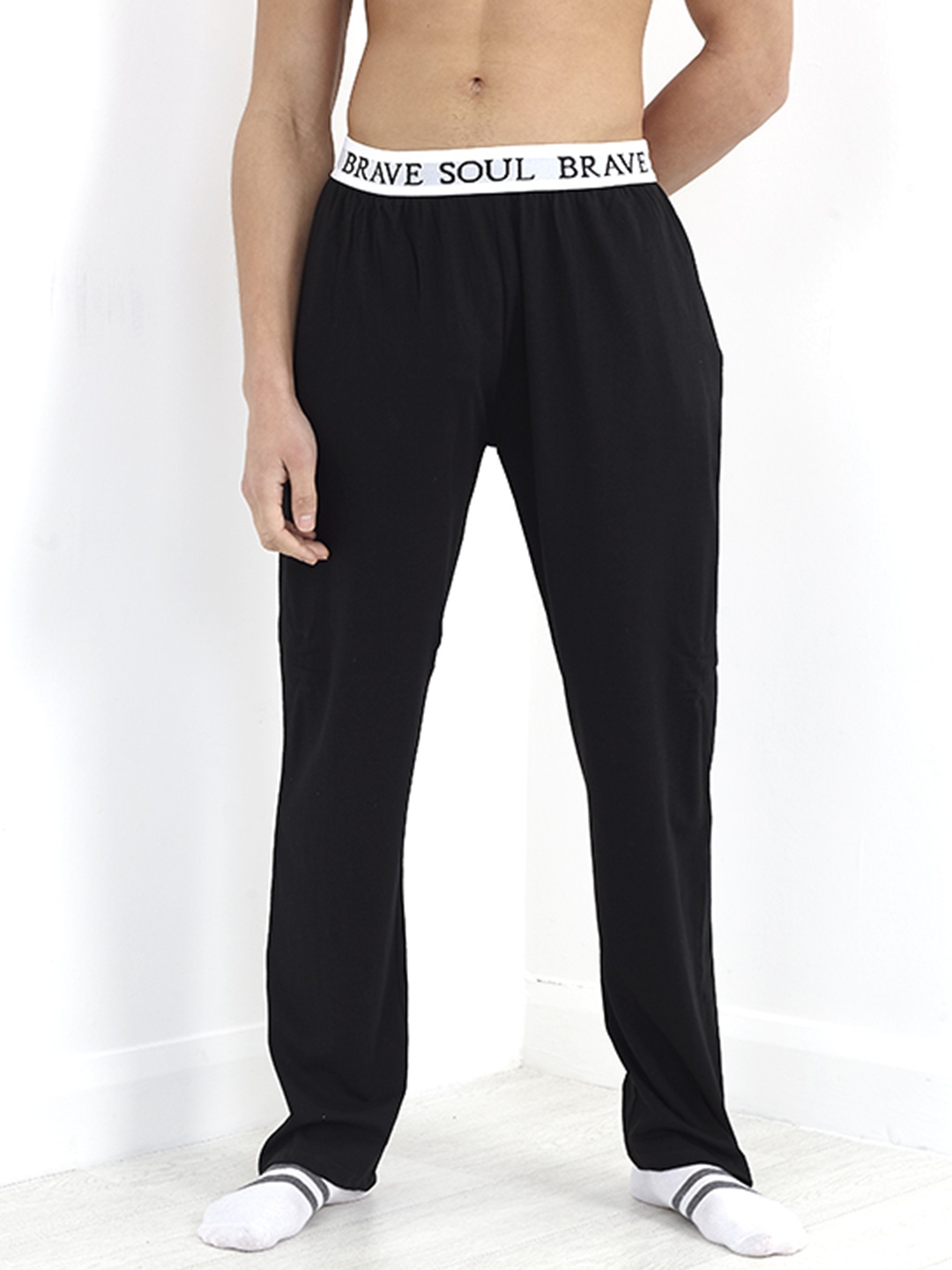 

BRAVE SOUL Men Knitted Pure Cotton Lounge Pants, Black
