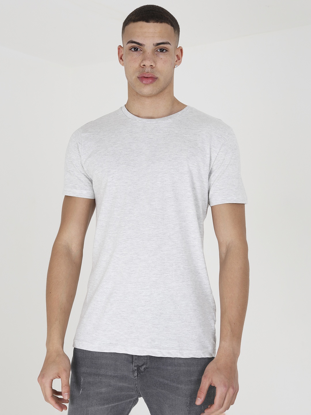

BRAVE SOUL Melange Pure Cotton T-shirt, Grey melange