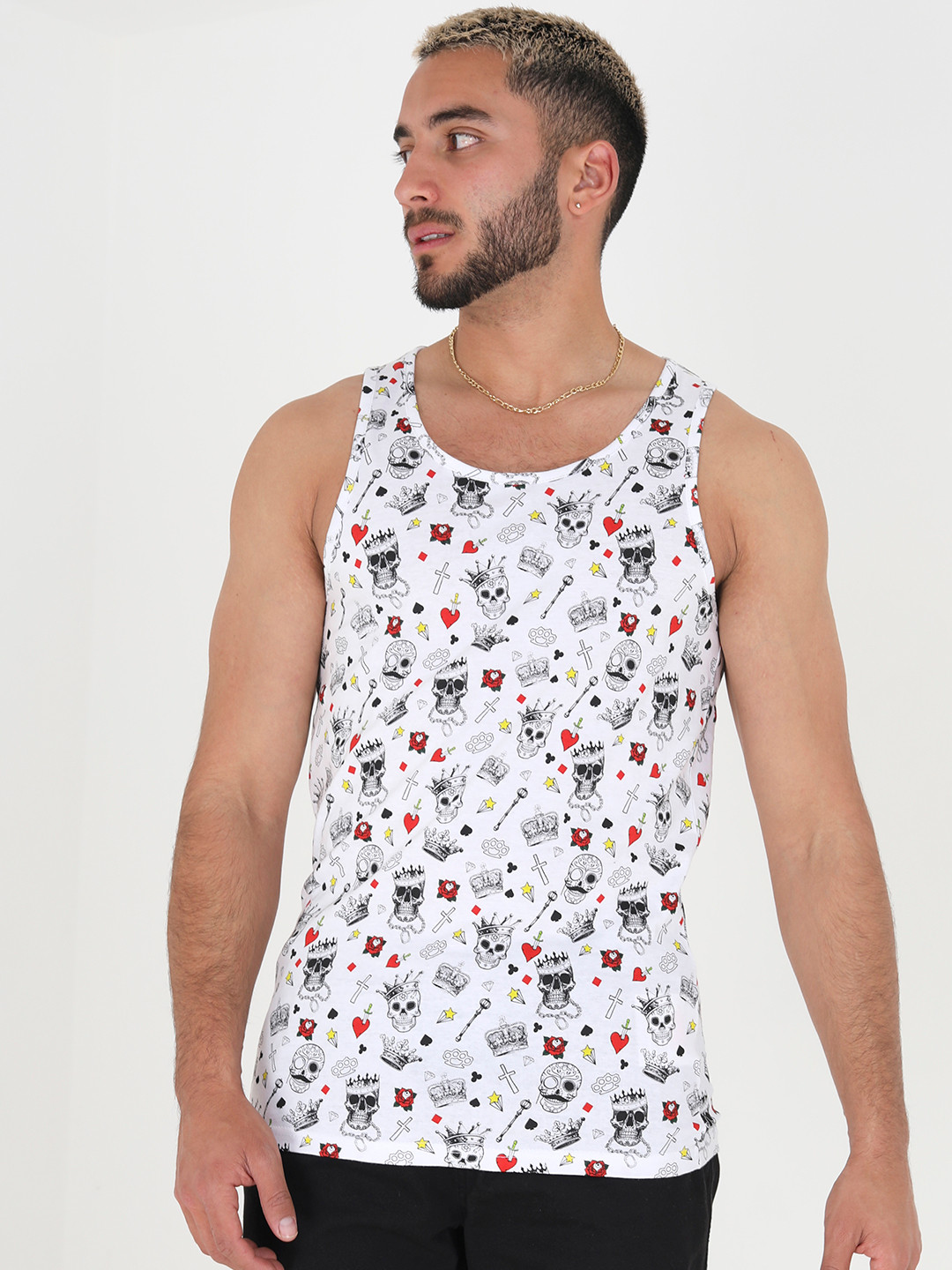 

BRAVE SOUL Pure Cotton Conversational Printed Sleeveless T-shirt, White