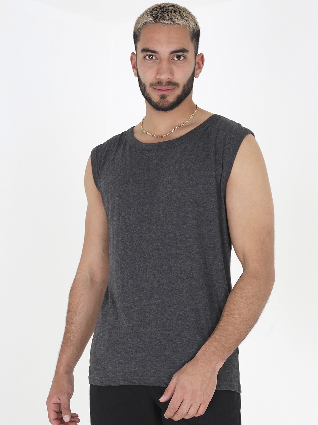 

BRAVE SOUL Solid Sleeveless T-shirt, Charcoal