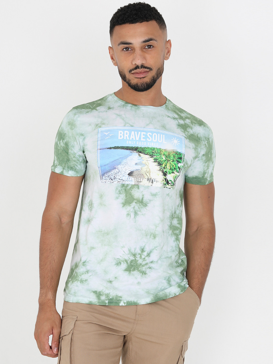 

BRAVE SOUL Pure Cotton Printed T-shirt, Green