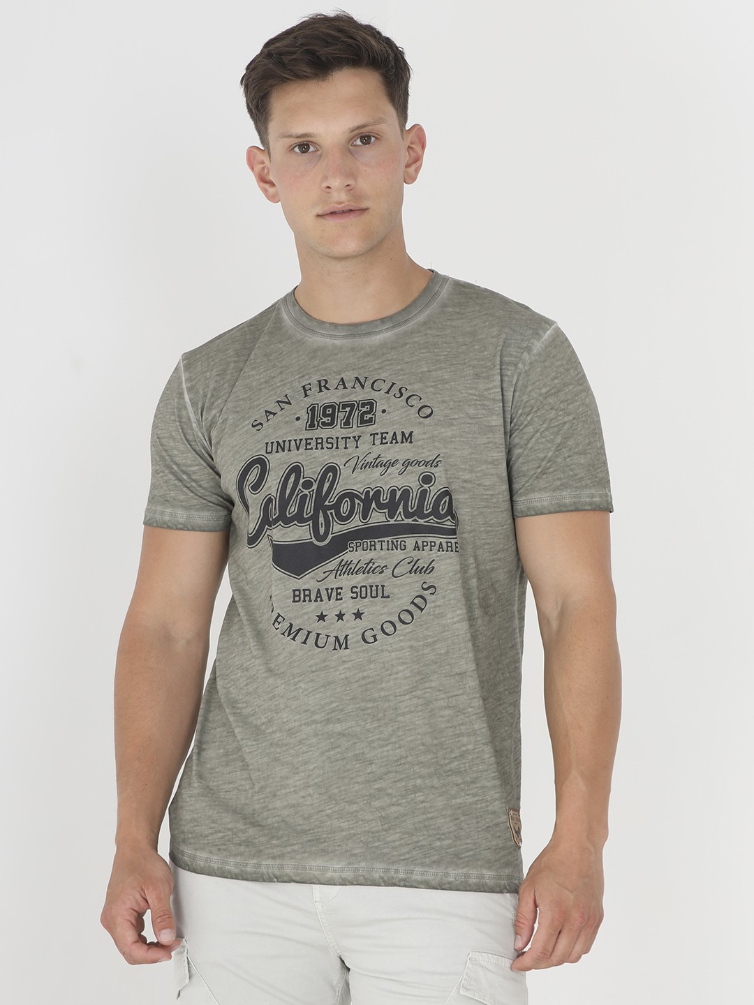 

BRAVE SOUL Pure Cotton Printed T-shirt, Olive