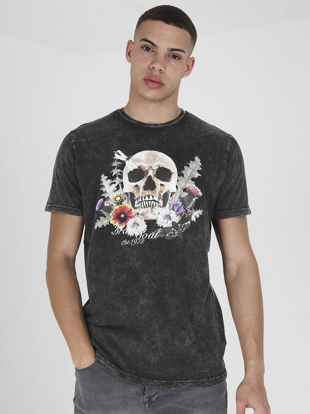 

BRAVE SOUL Pure Cotton Printed T-shirt, Black