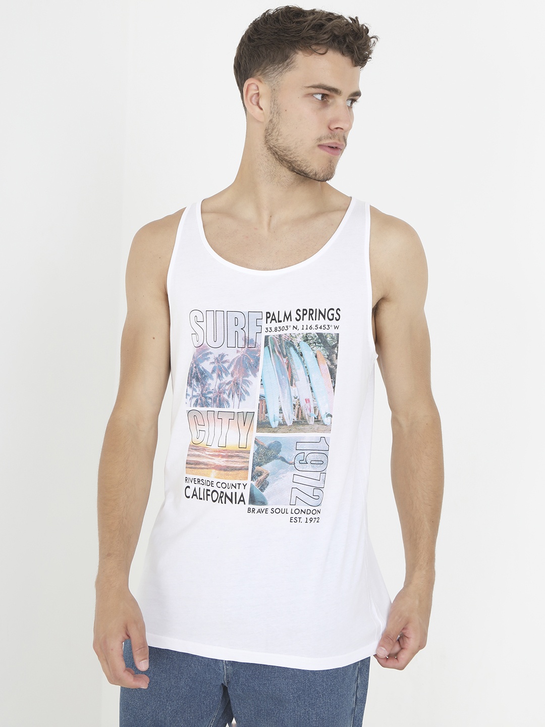 

BRAVE SOUL Men Pure Cotton Graphic Printed Sleeveless T-shirt, White