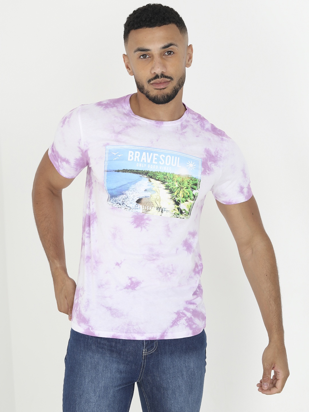 

BRAVE SOUL Tie and Dye Pure Cotton T-shirt, Pink