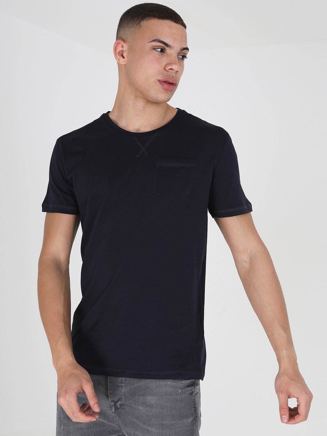 

BRAVE SOUL Men Pure Cotton Pocket Detail T-shirt, Navy blue