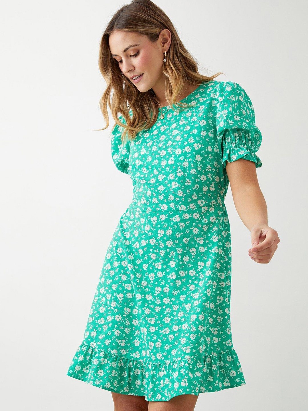

DOROTHY PERKINS Floral Print Puff Sleeves A-Line Dress, Green