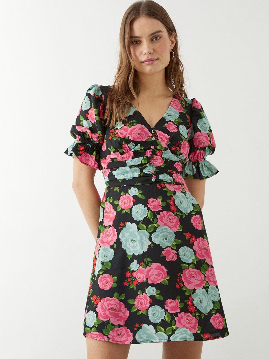 

DOROTHY PERKINS Floral Print Puff Sleeves A-Line Dress, Black