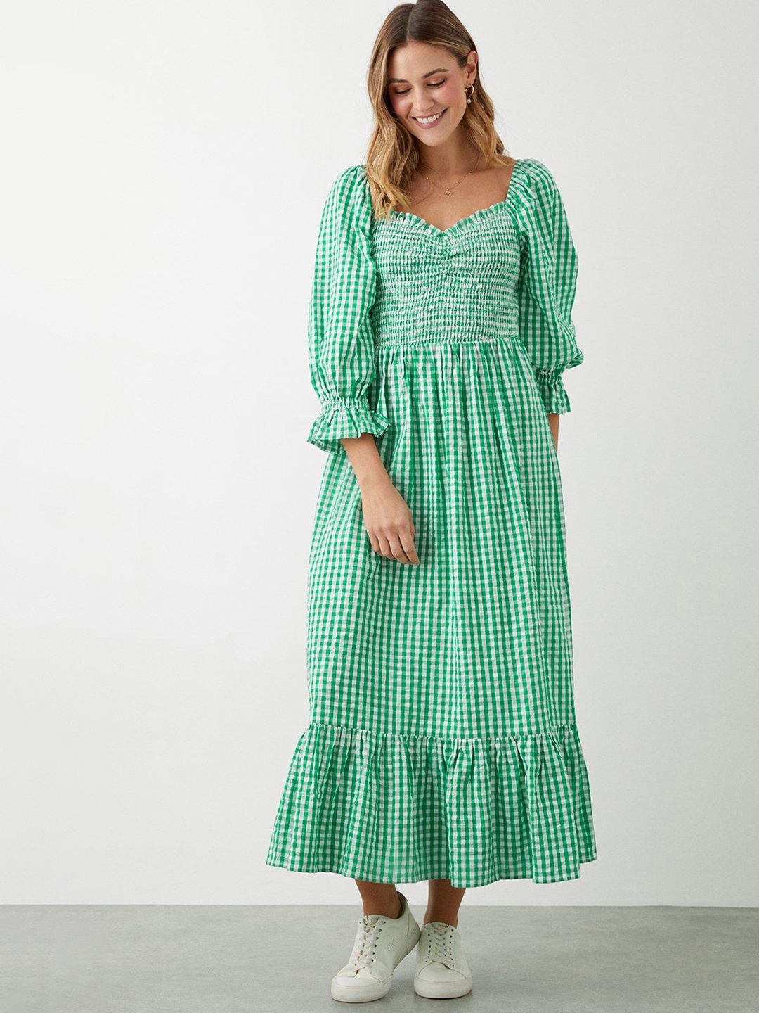 

DOROTHY PERKINS Green & White Checked Puff Sleeve Maxi Dress
