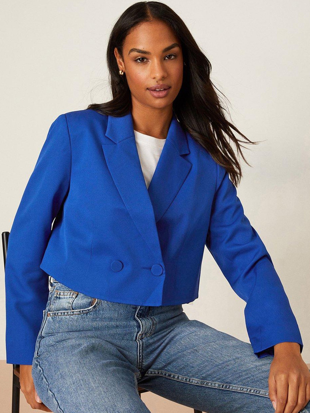 

DOROTHY PERKINS Notched Lapel Collar Double-Breasted Crop Blazer, Blue