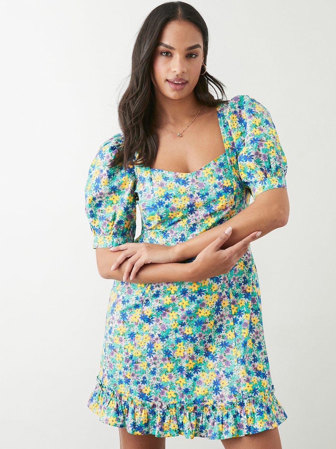 

DOROTHY PERKINS Floral Print Puff Sleeve A-Line Mini Dress, Off white