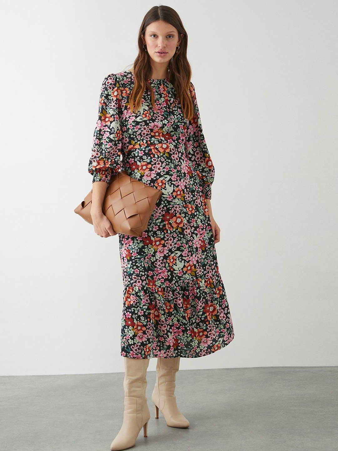 

DOROTHY PERKINS Floral Print A-Line Midi Dress, Black