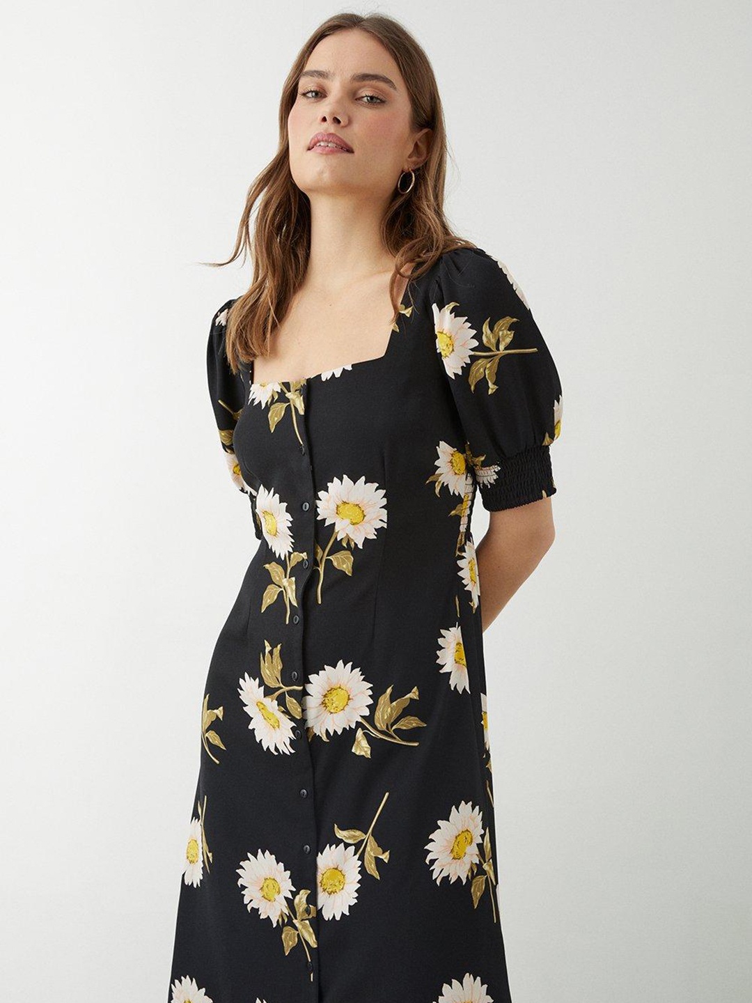 

DOROTHY PERKINS Floral Print Puff Sleeves A-Line Midi Dress, Black