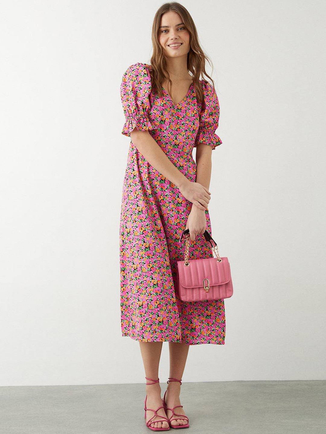 

DOROTHY PERKINS Floral Print Puff Sleeves A-Line Midi Dress, Pink