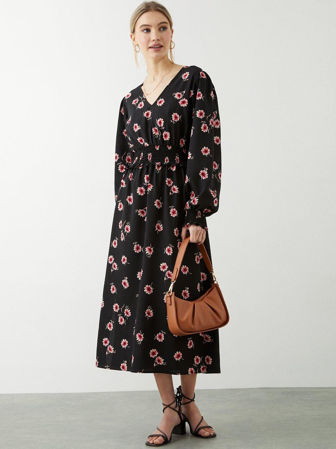 

DOROTHY PERKINS Floral Print Smocked Detail Midi Dress, Black