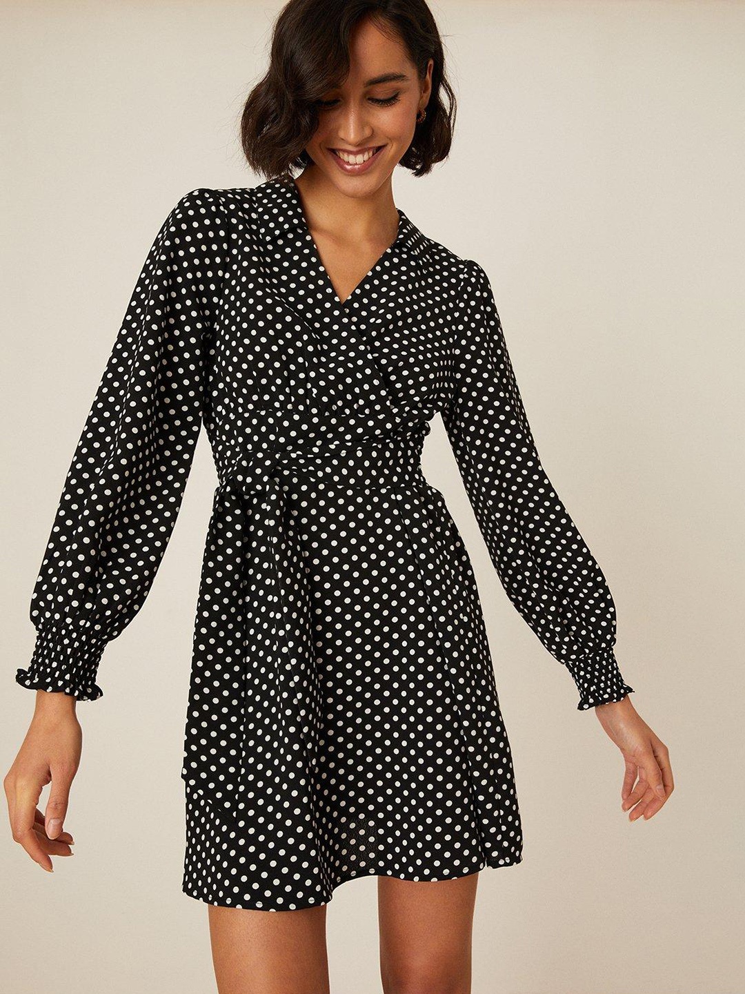 

DOROTHY PERKINS Polka Dots Print Wrap Dress, Black