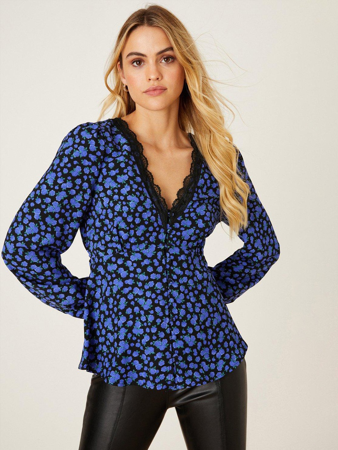 

DOROTHY PERKINS Lace Trim Floral Print Puff Sleeves Top, Blue