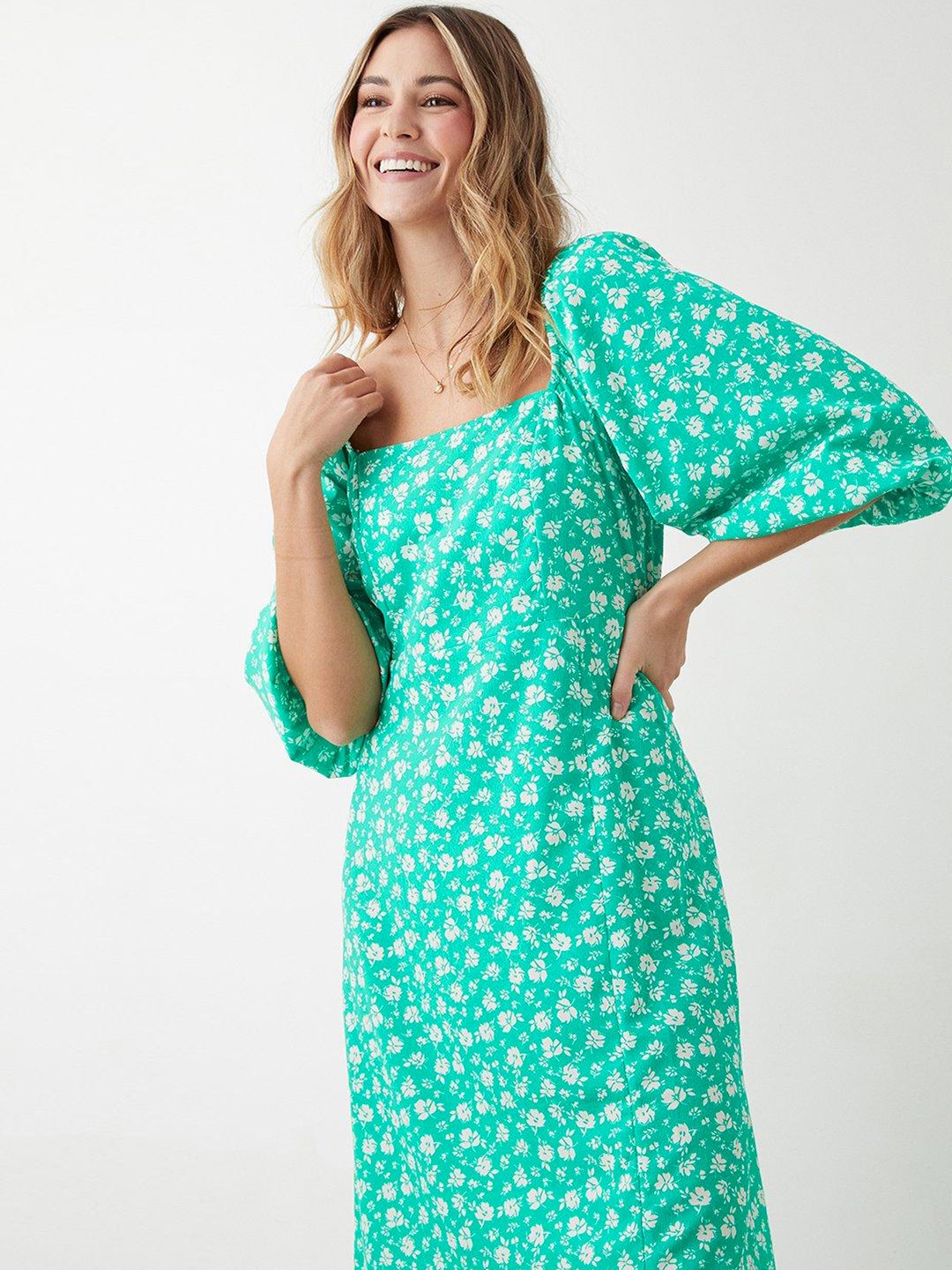 

DOROTHY PERKINS Floral Print Puff Sleeves A-Line Midi Dress with Smocked Back, Sea green