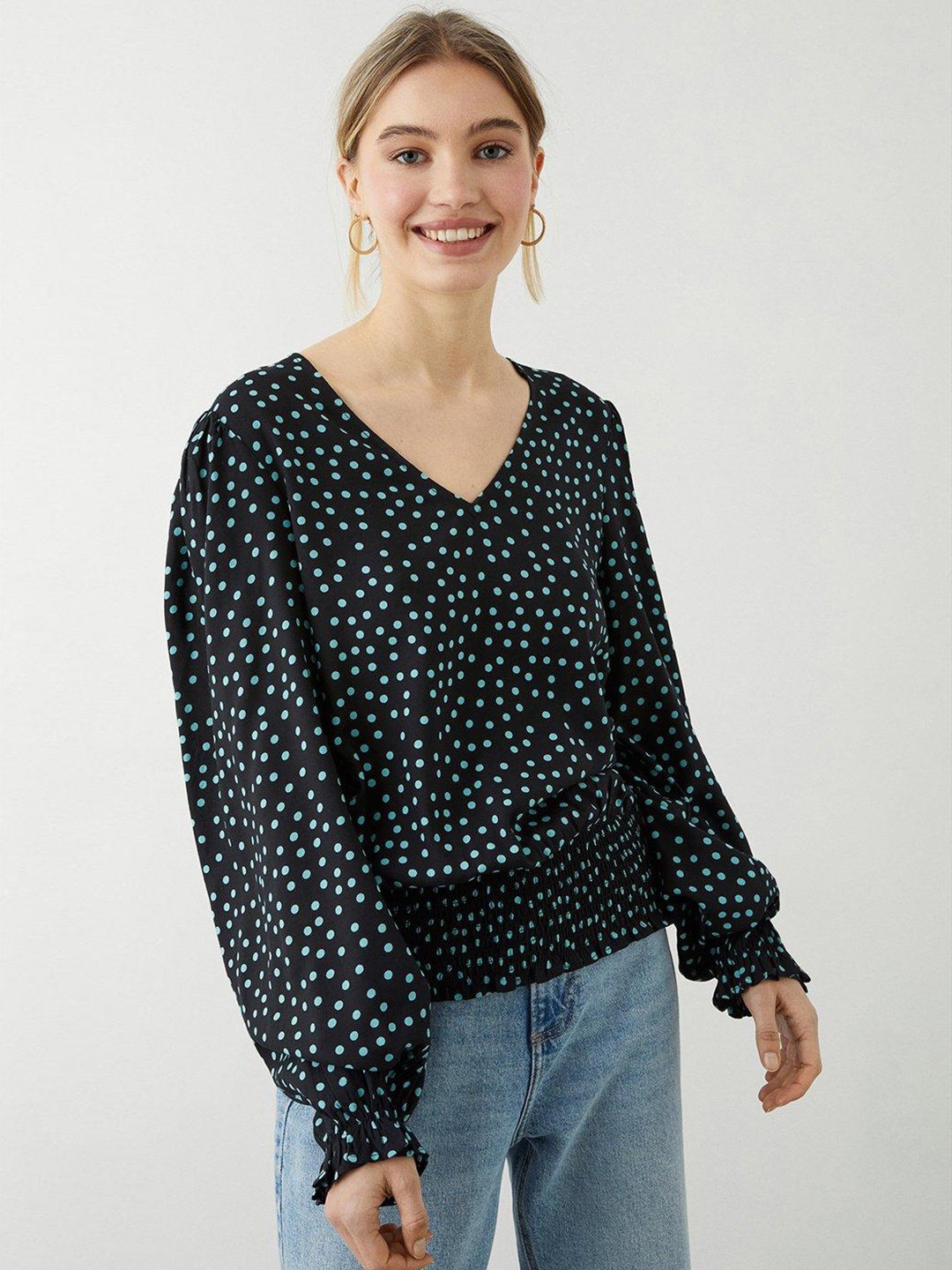 

DOROTHY PERKINS Polka Dot Print Puff Sleeve Blouson Top, Black