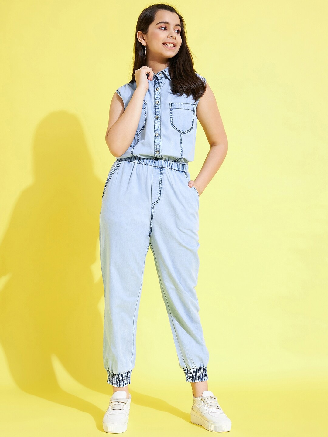 

StyleStone Girls Blue Cotton Shirt Collar Sleeveless Basic Jumpsuit
