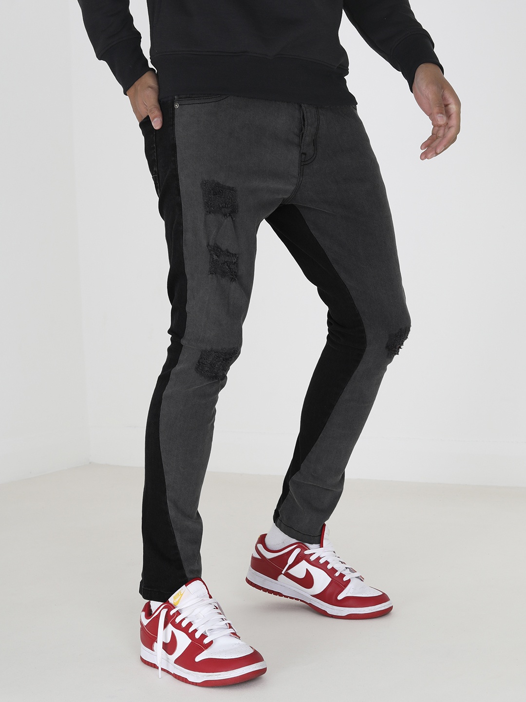 

BRAVE SOUL Men Skinny Fit Mildly Distressed Colourblocked Stretchable Jeans, Charcoal