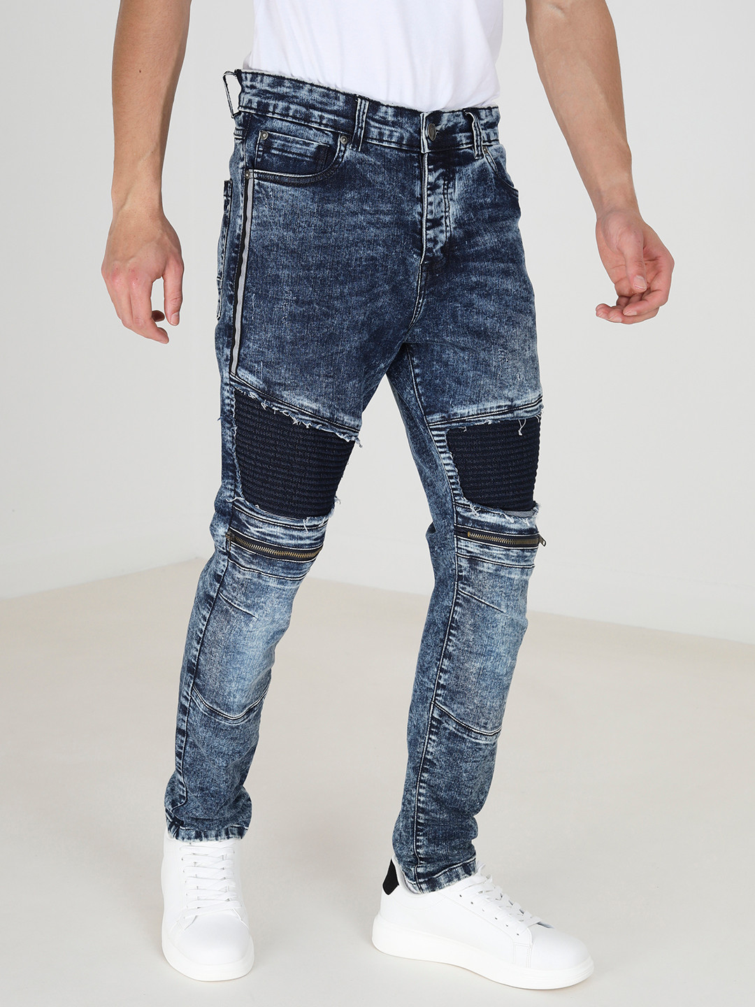 

BRAVE SOUL Men Acid Wash Skinny Fit Low Distress Stretchable Jeans with Zip Detail, Blue