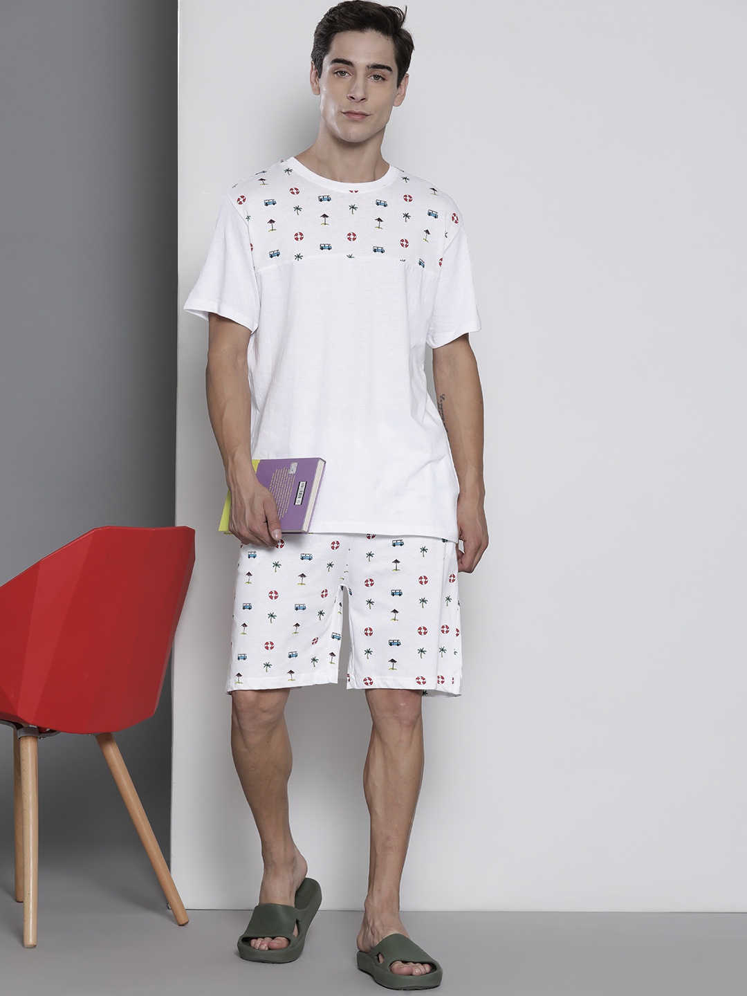

BRAVE SOUL Pure Cotton Printed Shorts Set, White