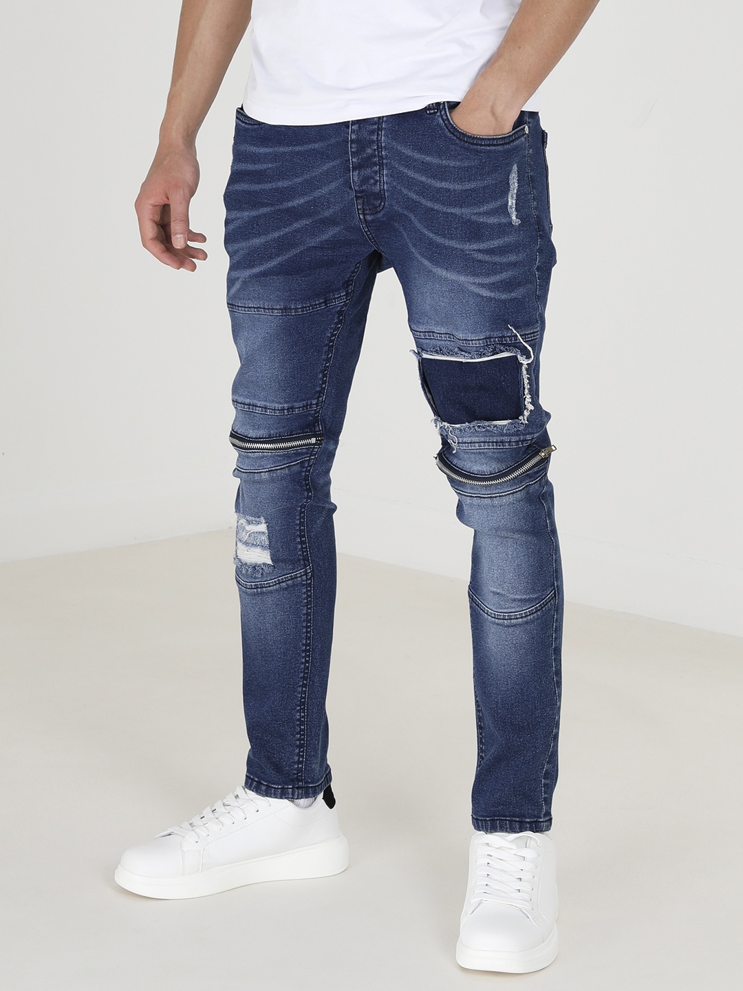 

BRAVE SOUL Men Skinny Fit Distressed Panelled Jeans with Patch & Zip Detailed, Blue