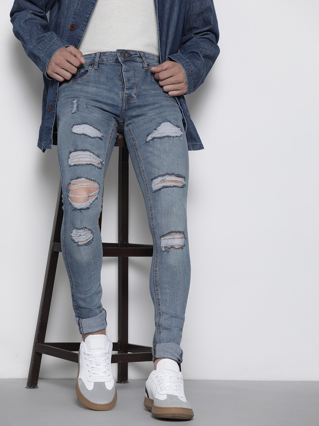 

BRAVE SOUL Men Skinny Fit Highly Distressed Light Fade Stretchable Jeans, Blue
