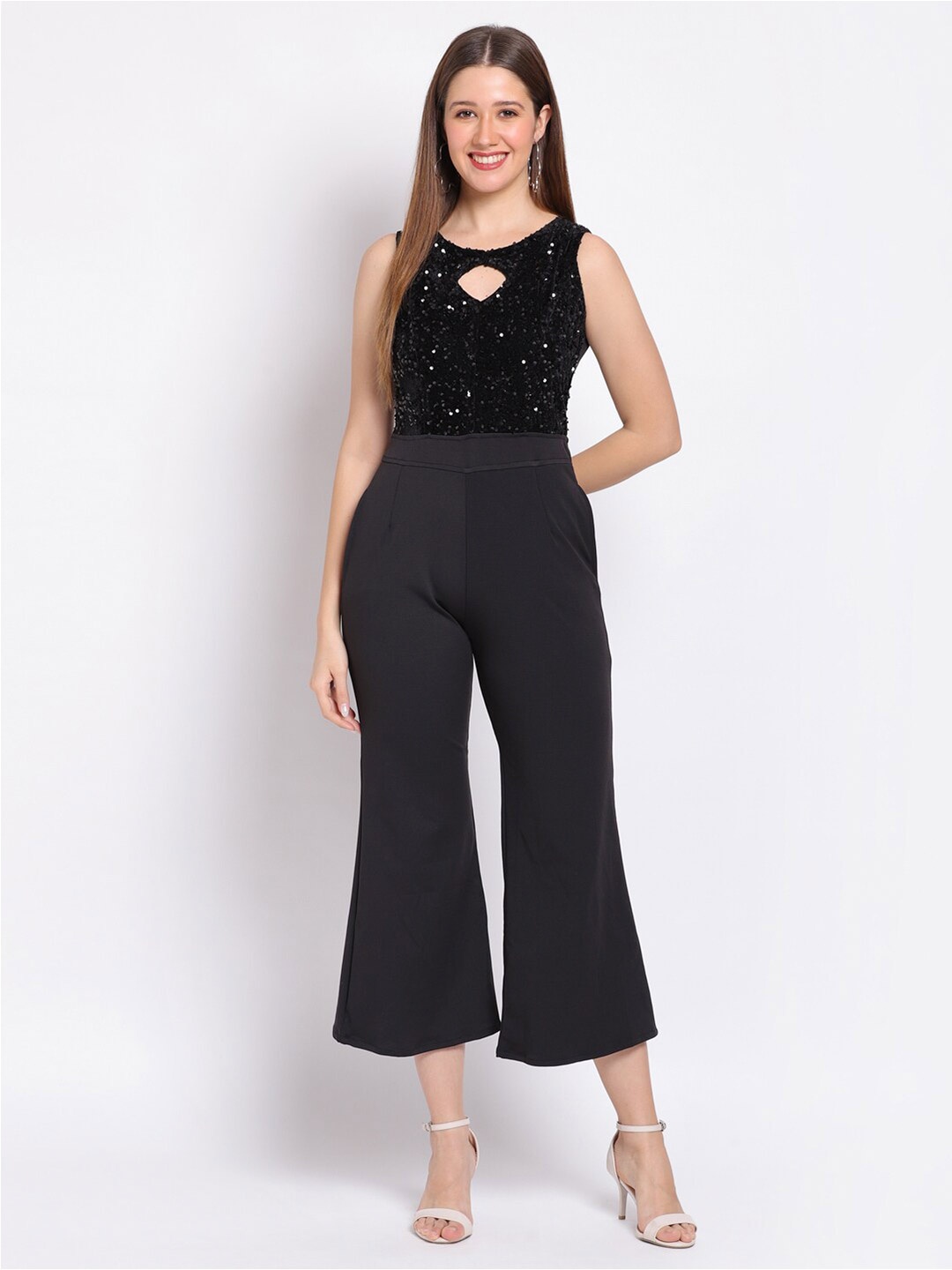 

HERE&NOW Black Embellished Keyhole Neck Sleeveless Basic Jumpsuit